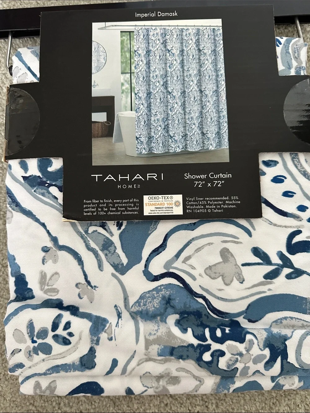Tahari Blue and Gray Paisley-Style Shower Curtain Panel
